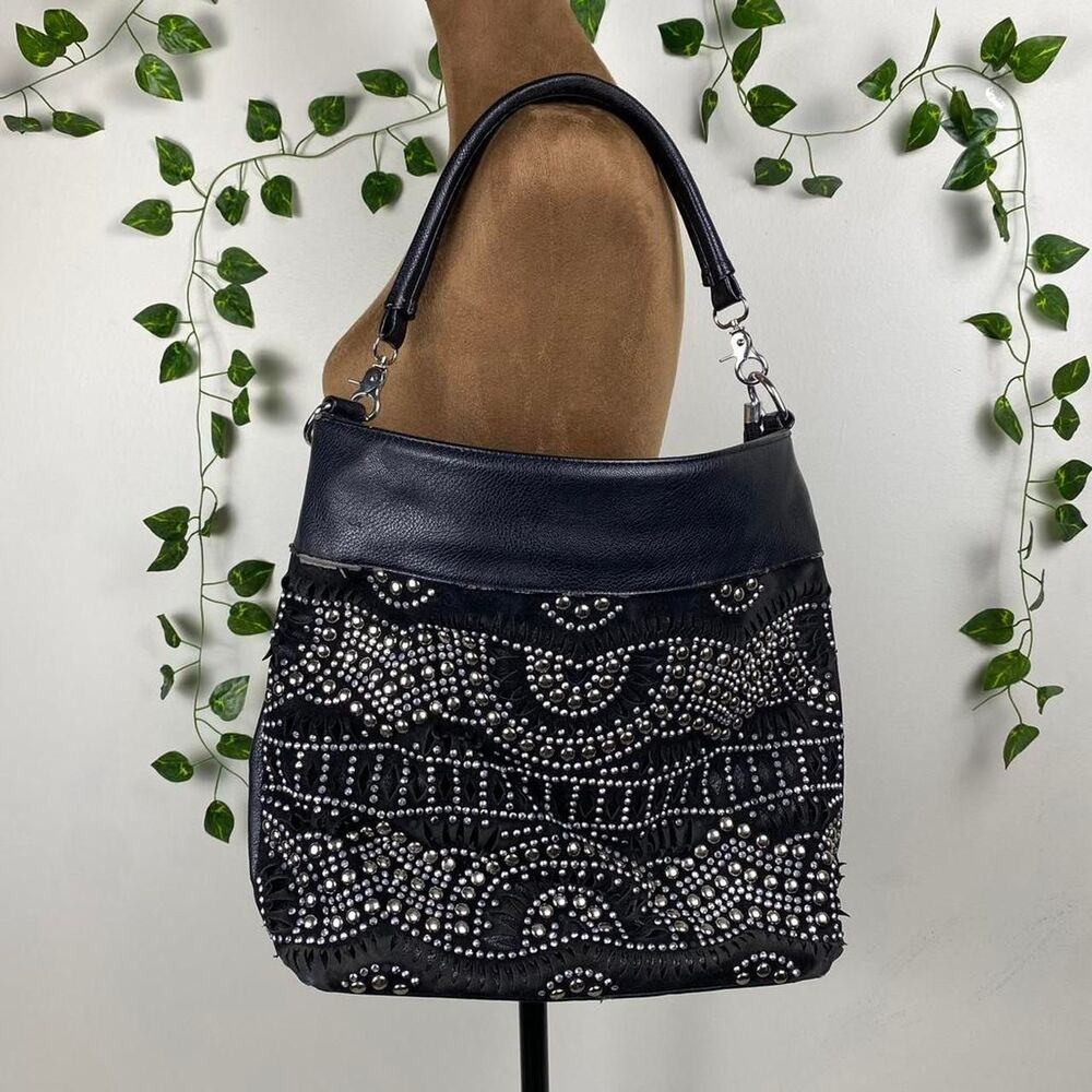 Black leather handbag shoulder studded silver velvet leather western alt grunge